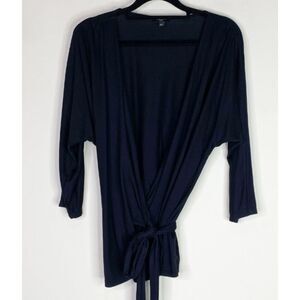 Talbots Wrap Tie Waist Top 3/4 Sleeve Black Women's Size Medium Petite